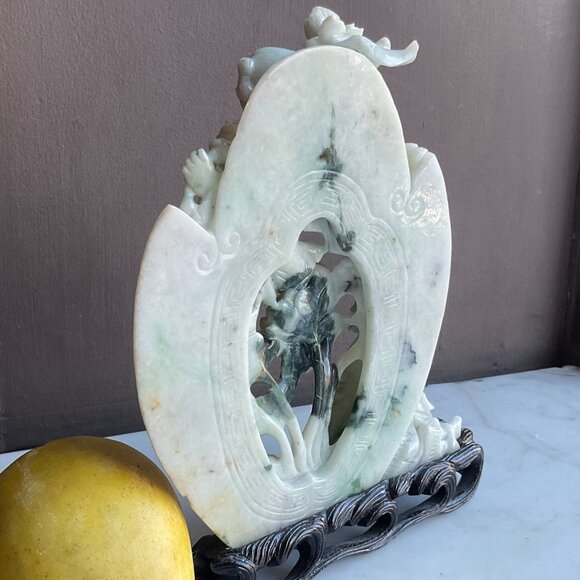 Jadeite Carving of "Two Immortals" Hehe Erxian on a carved wood base Antique - Picture 7 of 13